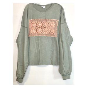 Sage Sweatshirt with Crochet & button details ~ vintage retro relaxed 2x 3x
